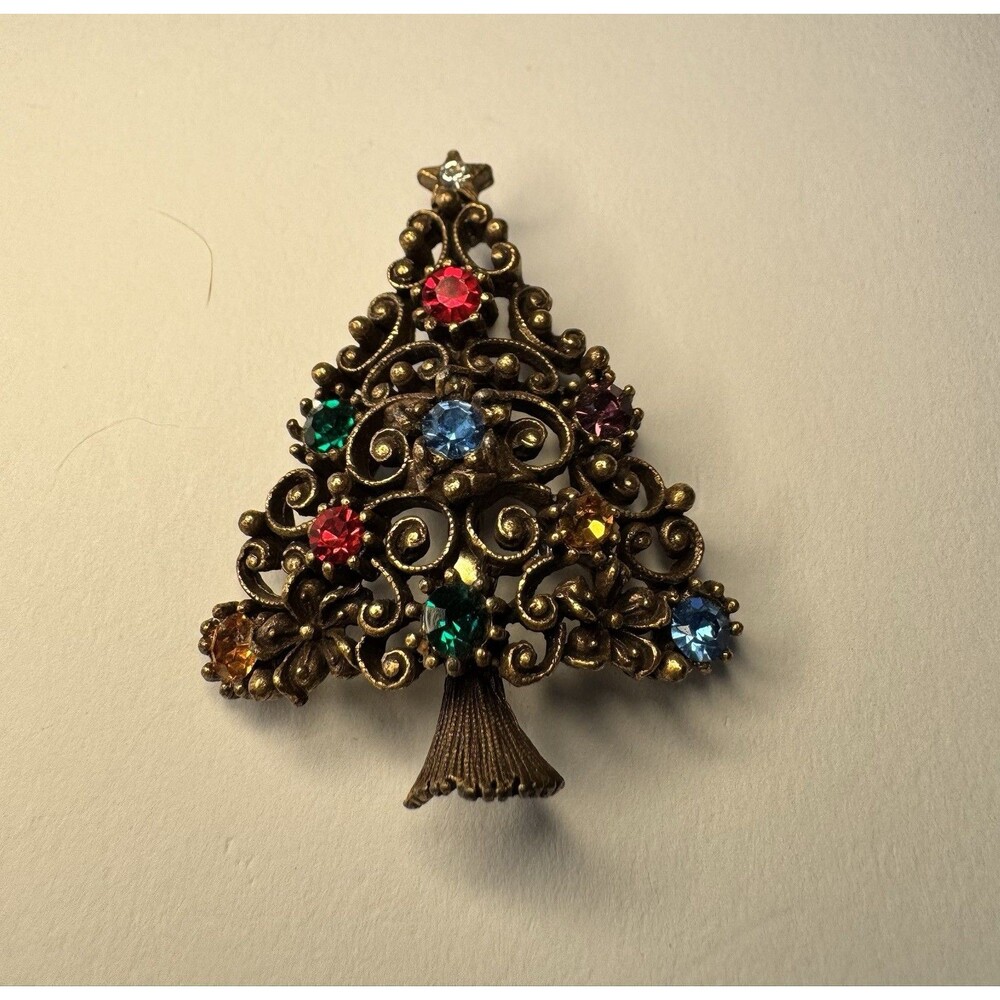 Vintage 1970s JJ Jonette Christmas Tree Brooch Rhinestone Scrollwork Book Piece